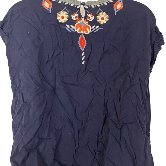 TEA N ROSE Embroidered Navy Blue Short Sleeve Pop Over Blouse Top Shirt Boho  S - Picture 13 of 16